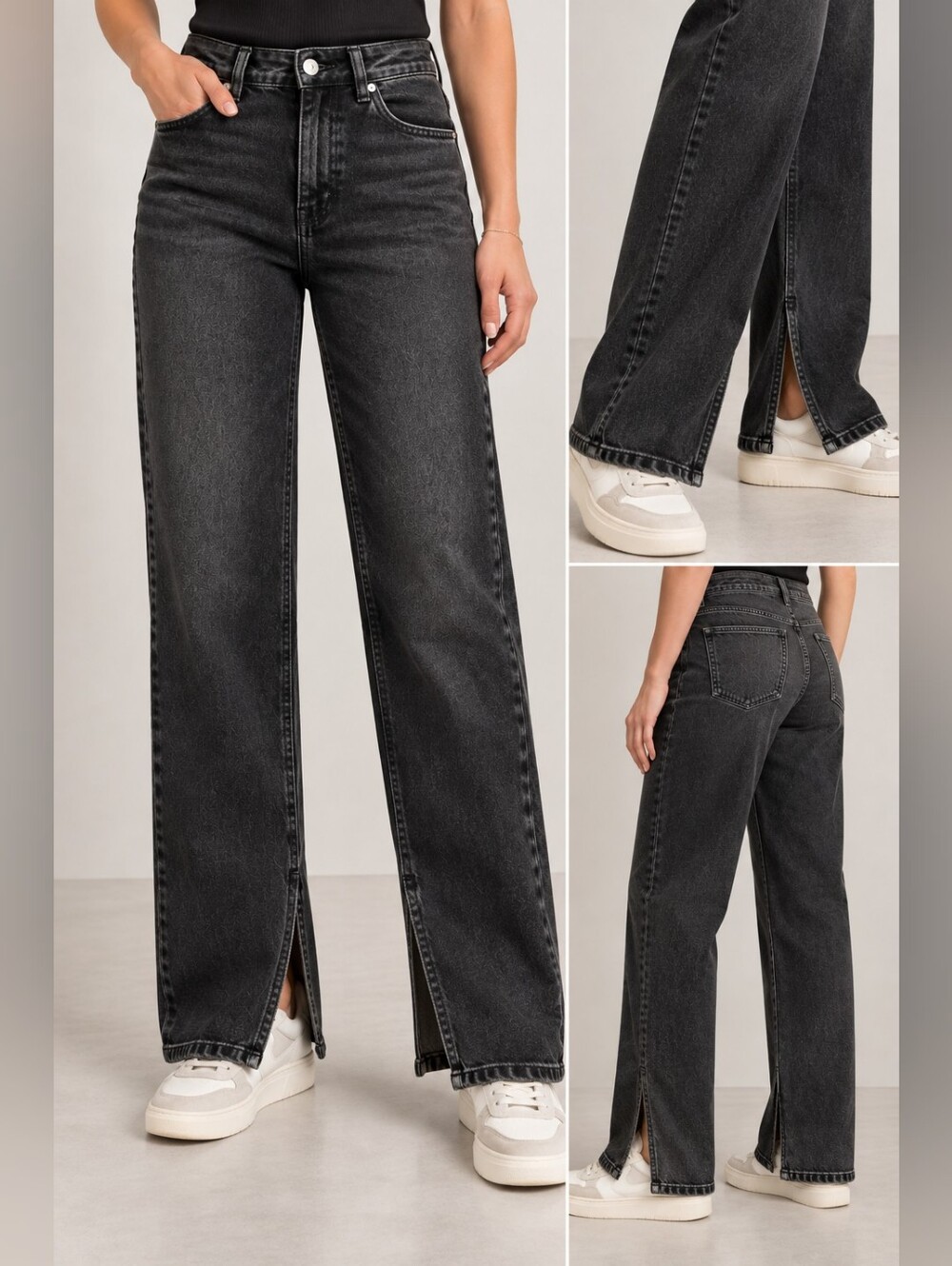 Zara High Rise Washed Black Wide Leg Jeans with Inner Slits Size 0